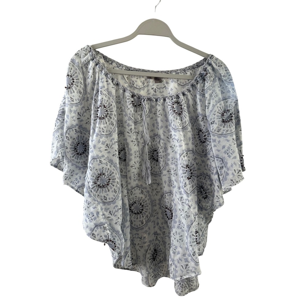 Love21 Forever 21 Blue Medallion Silk Blend Beaded Poncho Blouse Top Large